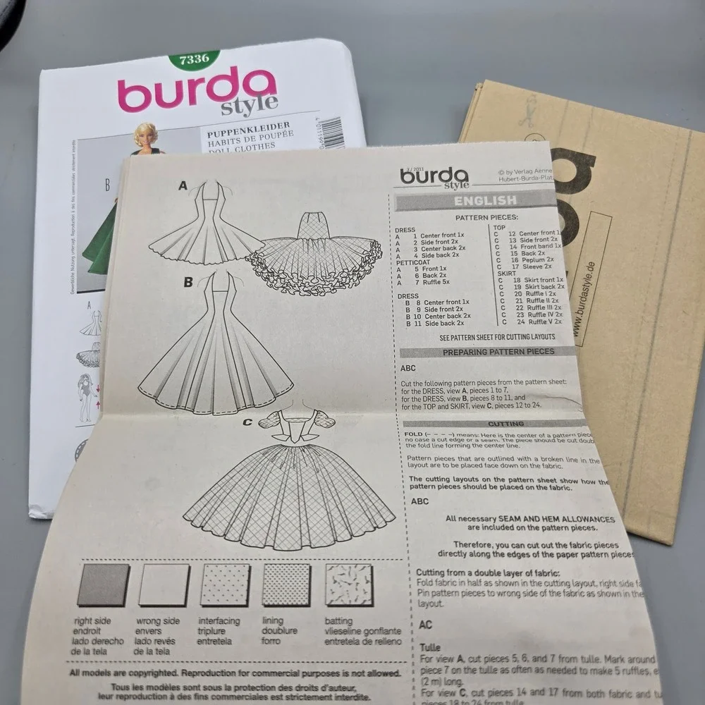 Burda Style 7336 Doll Clothes Sewing Pattern 11.5-12.75 inch Fashion Doll Gowns